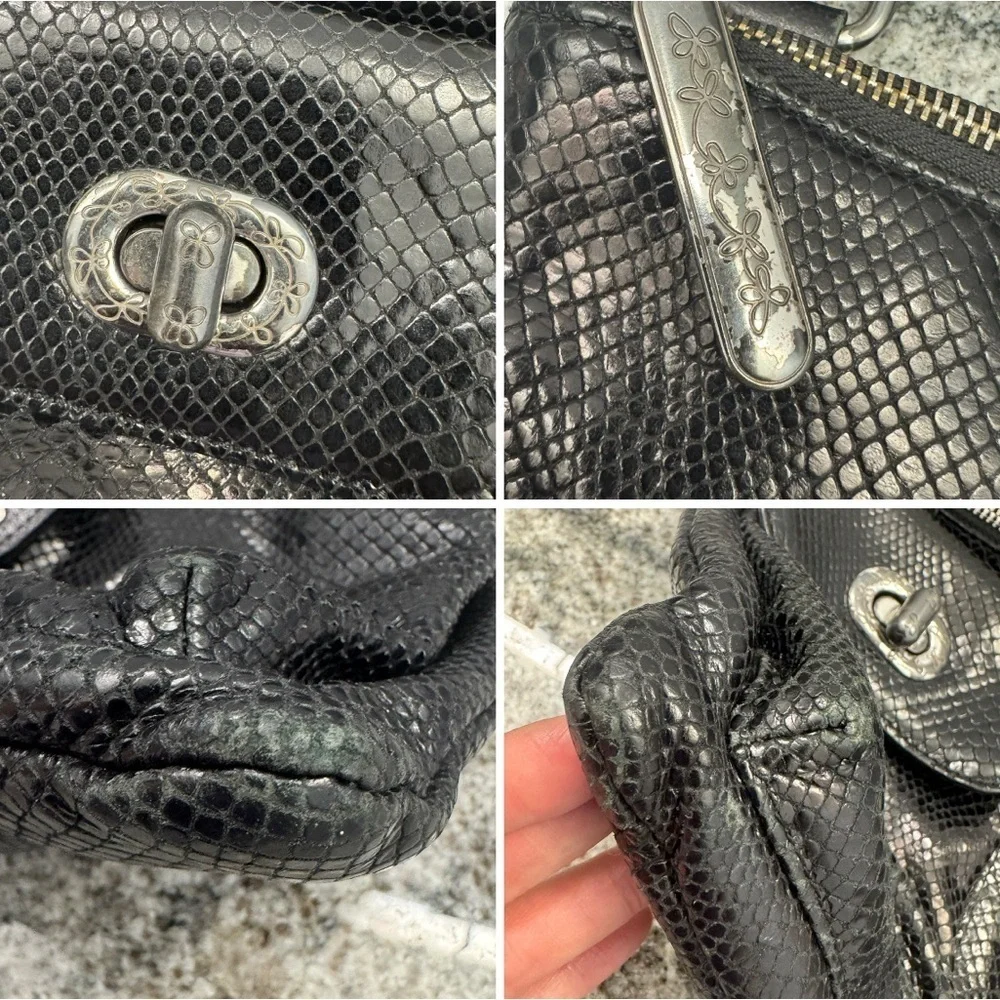 Brighton Black Leather Faux Snake Skin Multi Compartment Crossbody Shoulder Bag
